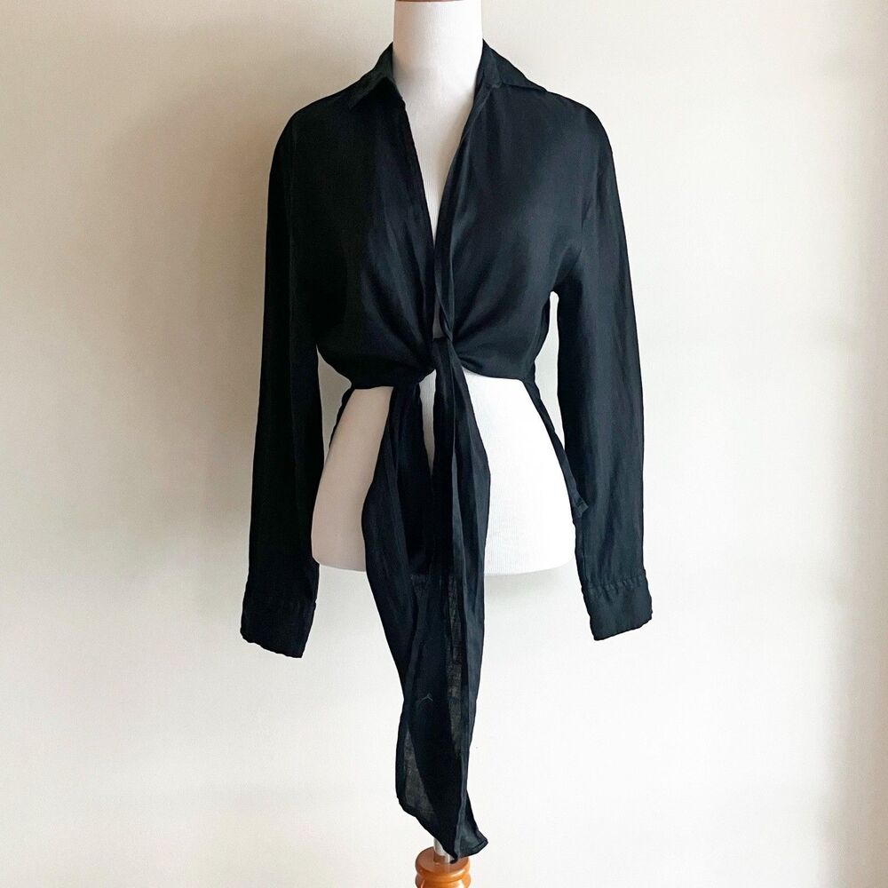 Zara Womens Size Small 100% Linen Open Tie Long Sleeve Black Blouse Top Shirt